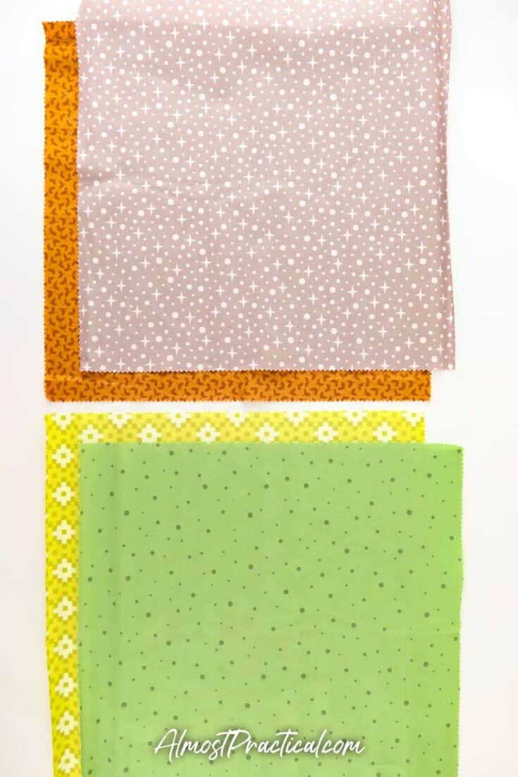 set of four fabrics in greens and browns.