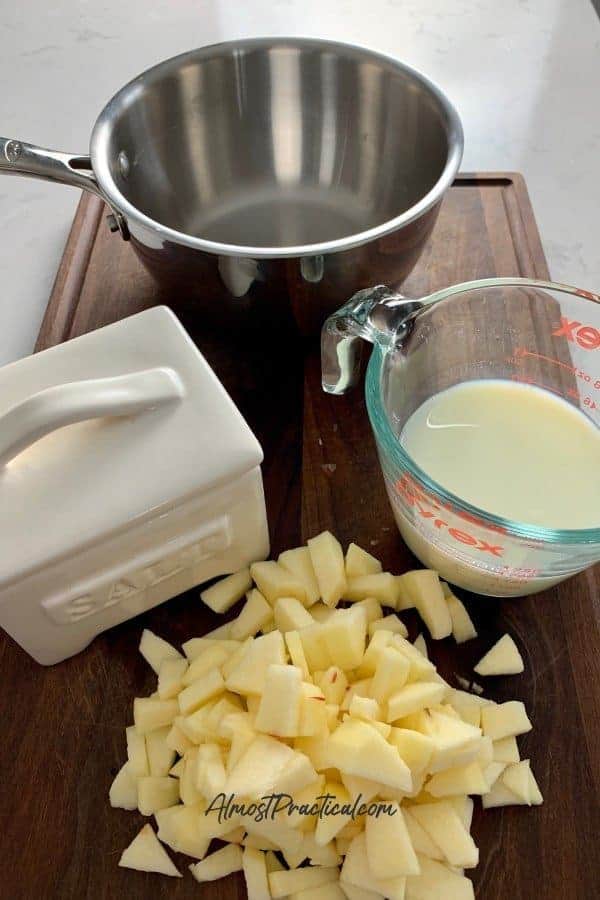 Chopped apples and milk for this homemade apple cinnamon oatmeal recipe.