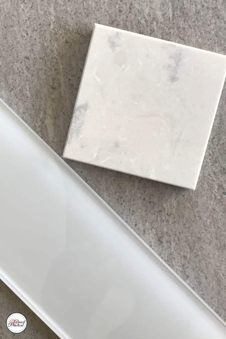 white quartz countertop sample with a marble look