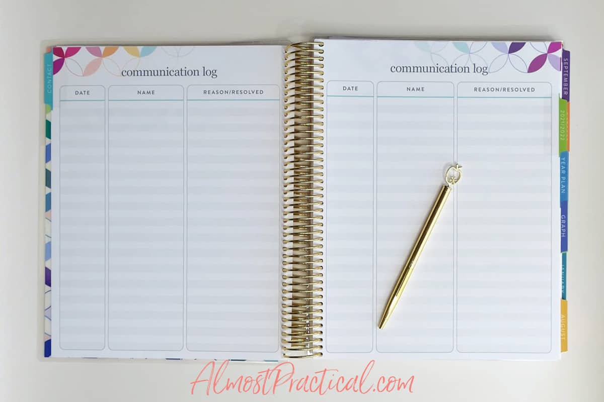 communication log pages in the Erin Condren Teacher Lesson Planner