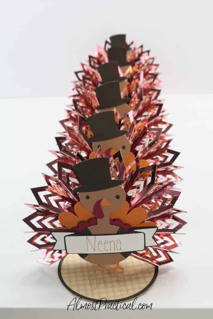 row of turkey shaped place cards for Thanksgiving