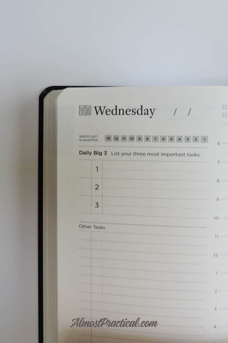 Full Focus Planner by Michael Hyatt - daily page showing top three to do items.