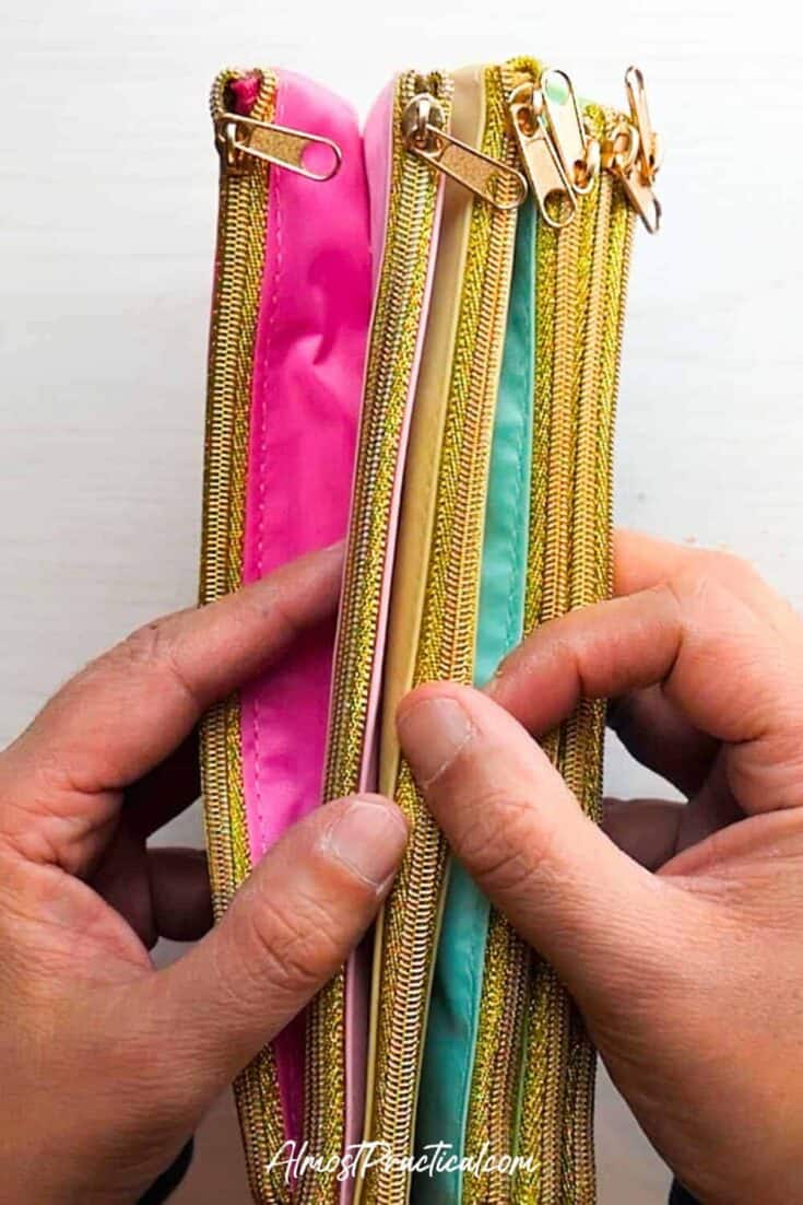 photo of the Erin Condren Accordion Pouch collapsed - up close view of the gold zippers.