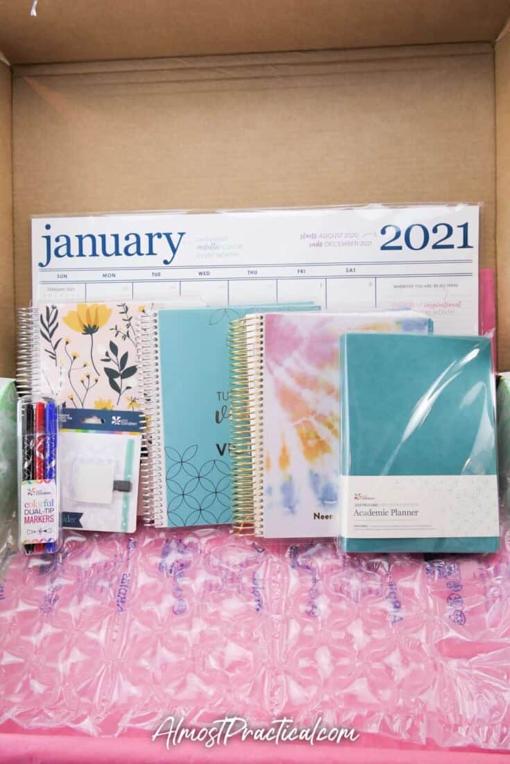 A collection of Erin Condren Monthly Planners, Academic Planners, Vision Journal, Desk Pad, and markers.