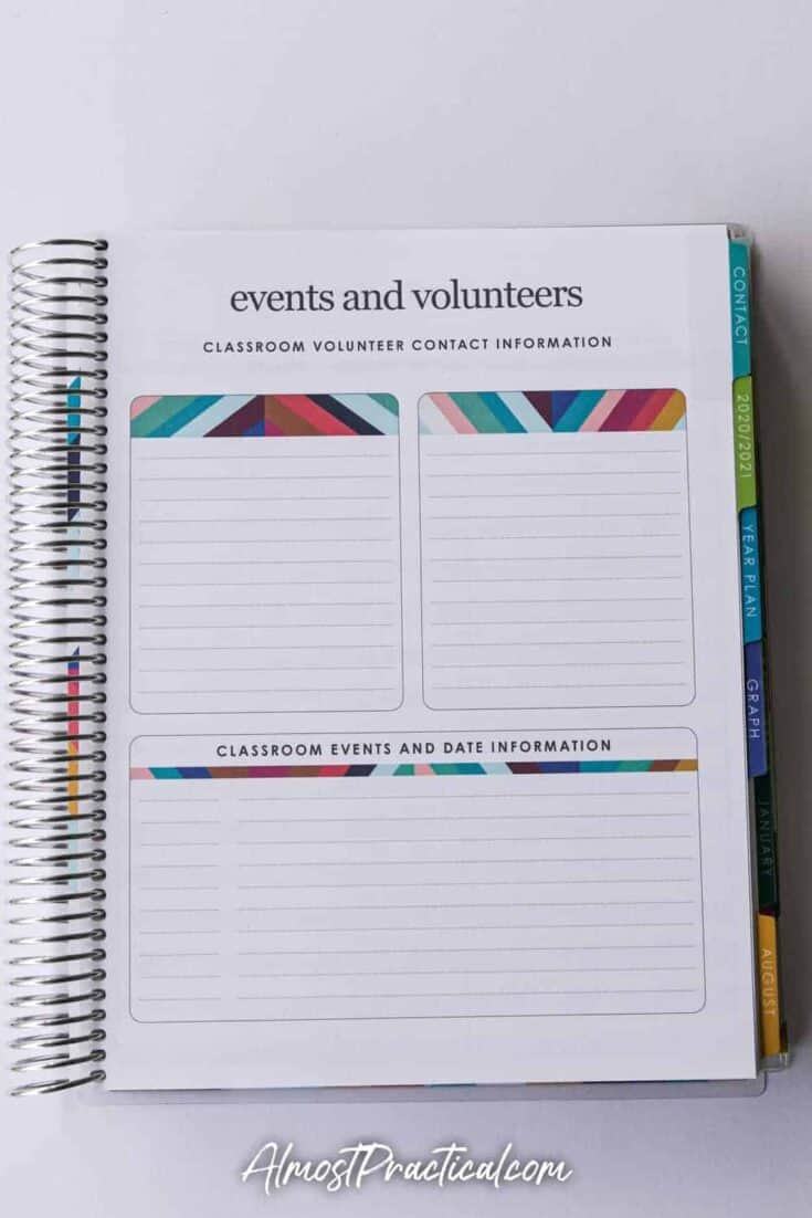 events page in the Erin Condren coiled teacher lesson planner for 2020/2021