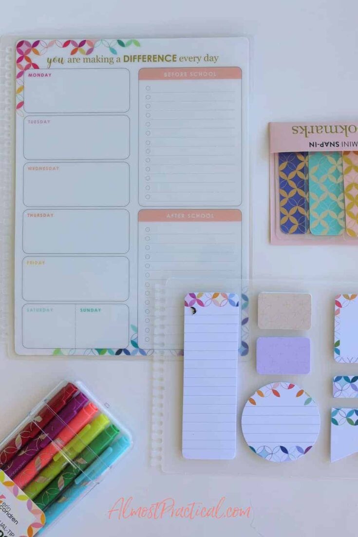 collection of markers, sticky notes, and snap in dashboards for Erin Condren teacher planners.