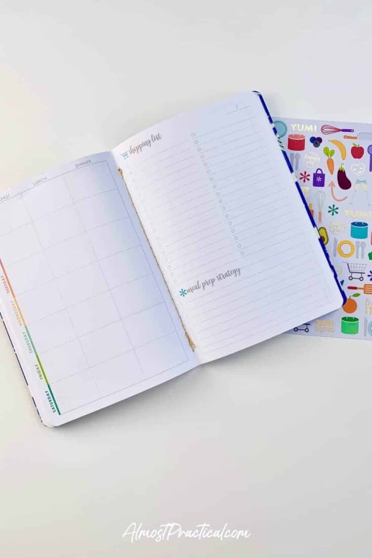 photo of inside pages of Erin Condren Meal Planner Petite Planner and sticker sheet