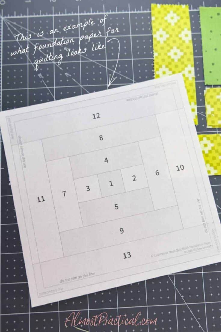 a piece of foundation paper for quilting in the Courthouse Steps pattern.