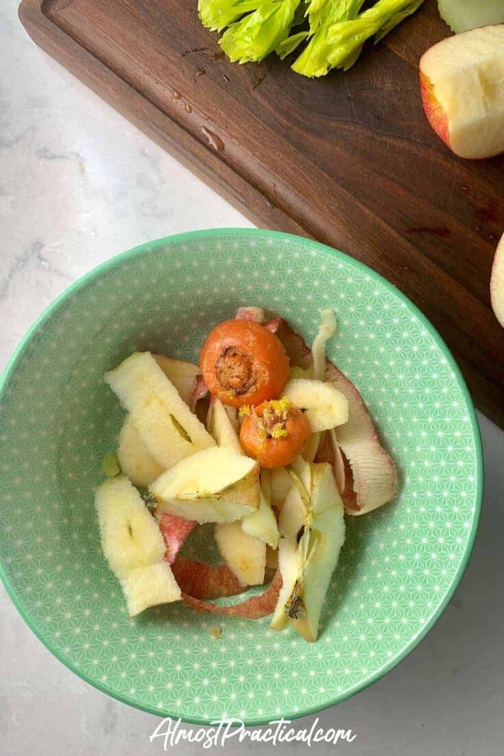 Bowl full of discarded apple peels, cores, and carrot tops.