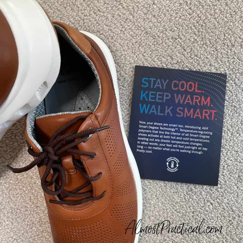 Johnston & Murphy Activate Collection U-Throat Shoes in tan leather - card explaining Smart Degree Technology