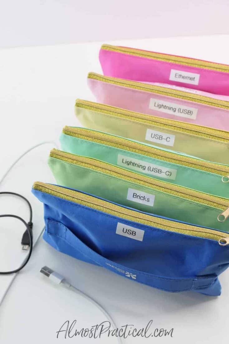 accordion style pouch with sections for different types of electronics cables.