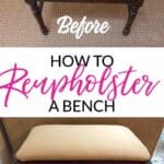 The before and after pictures of my how to reupholster a bench DIY. Even though I made some beginner mistakes along the way - the end result is still 100% better than before.