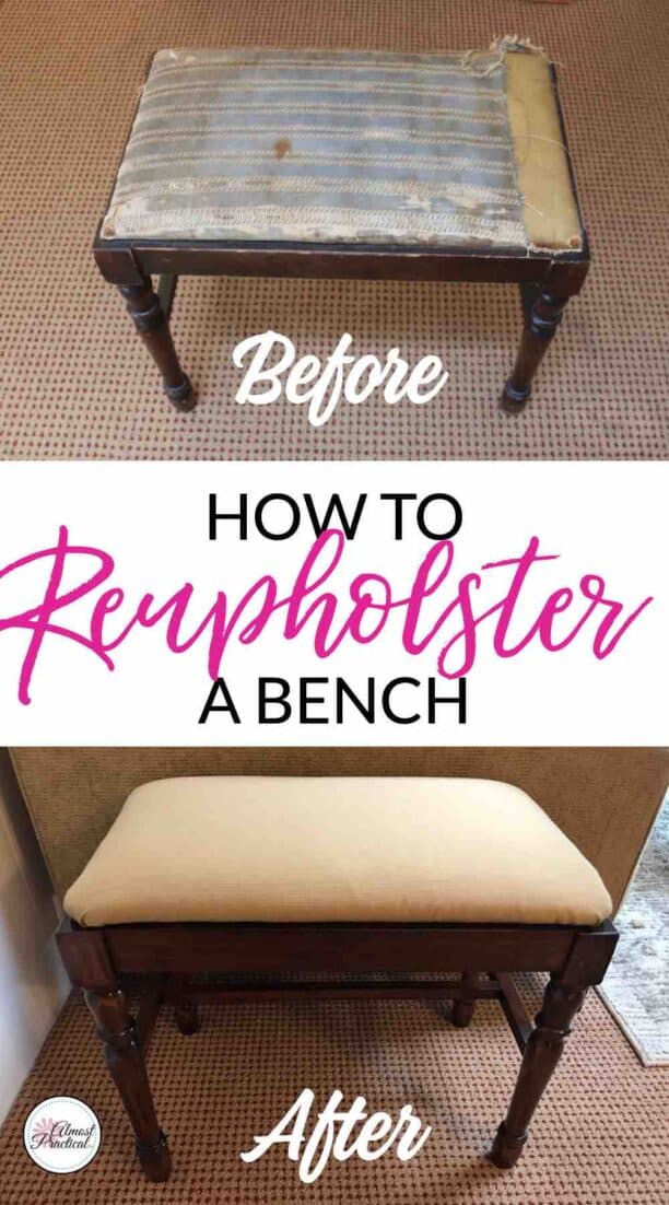 The before and after pictures of my how to reupholster a bench DIY. Even though I made some beginner mistakes along the way - the end result is still 100% better than before.