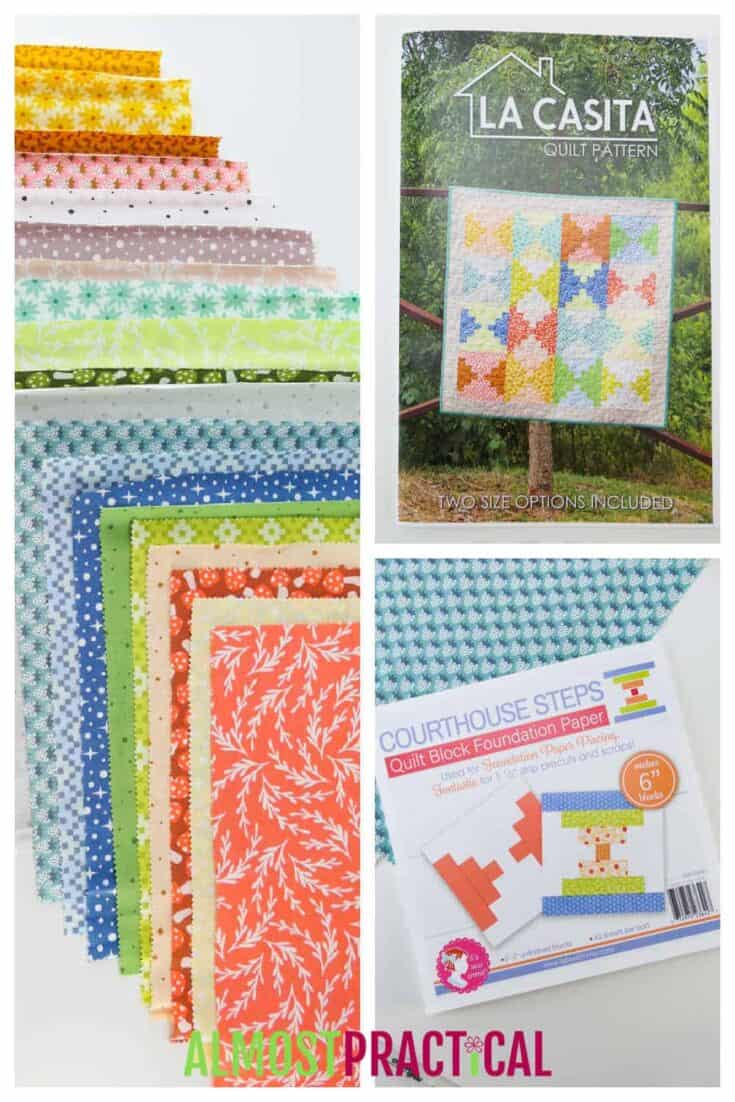 a collage of fabrics, quilt pattern, and foundation paper