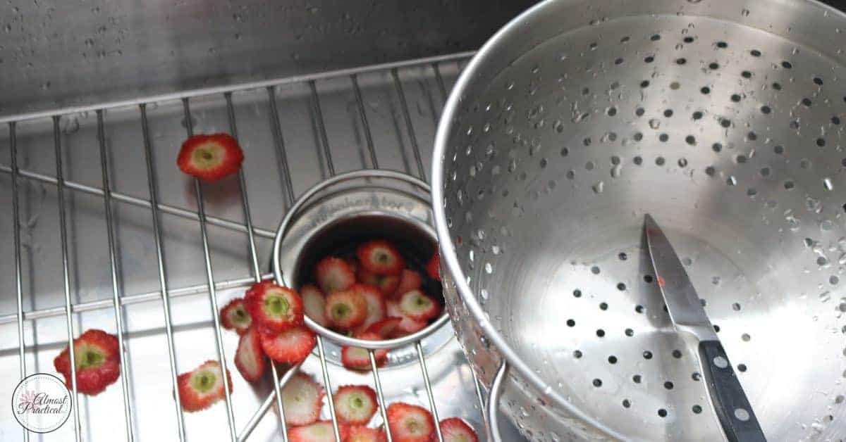 strawberry hulls in sink