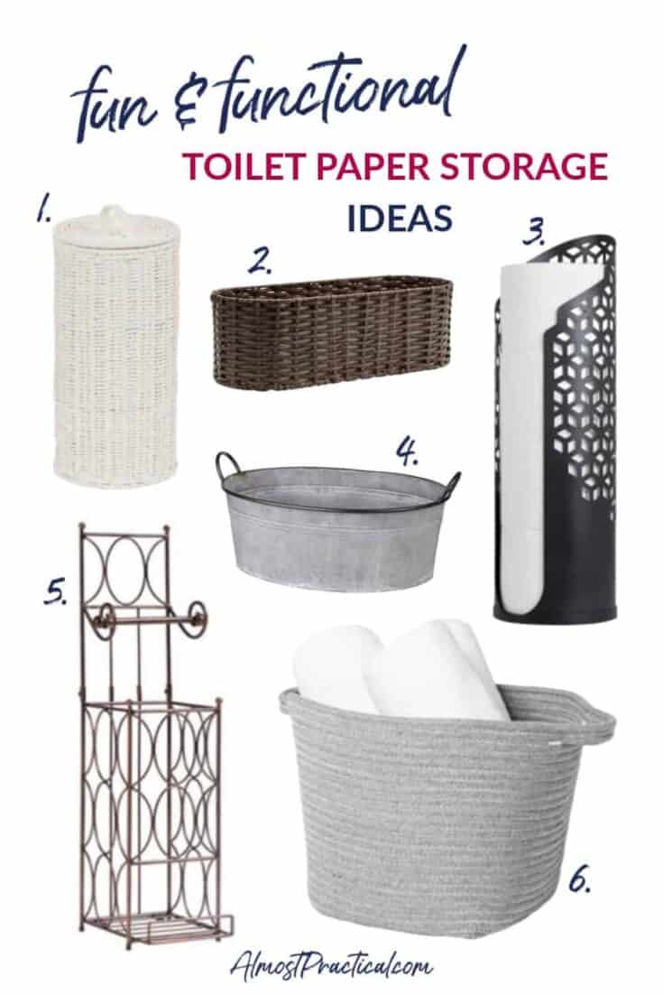  a collage of 6 different toilet paper storage holders, baskets, and stands.